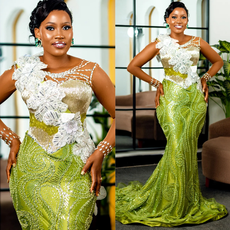 2025 Mermaid Aso Ebi Green Prom Dresses For Black Women Detachable Train Formal Gowns Beaded Lace Sheer Neck Flora Birthday Second Reception Gown AM28