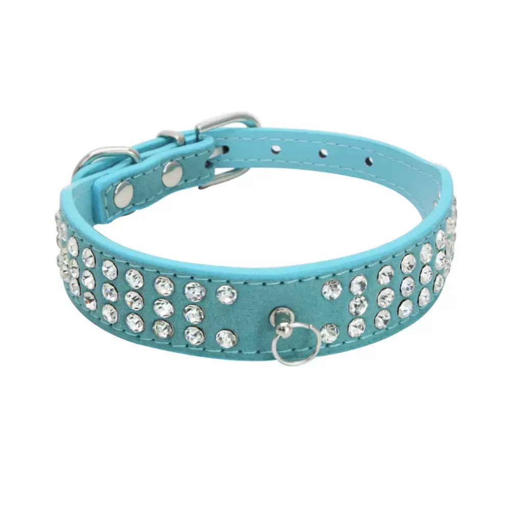 personalized Length Suede Skin Jeweled Rhinestones Pet Dog Collars Three Rows Sparkly Crystal Diamonds Studded Puppy Dog Collar