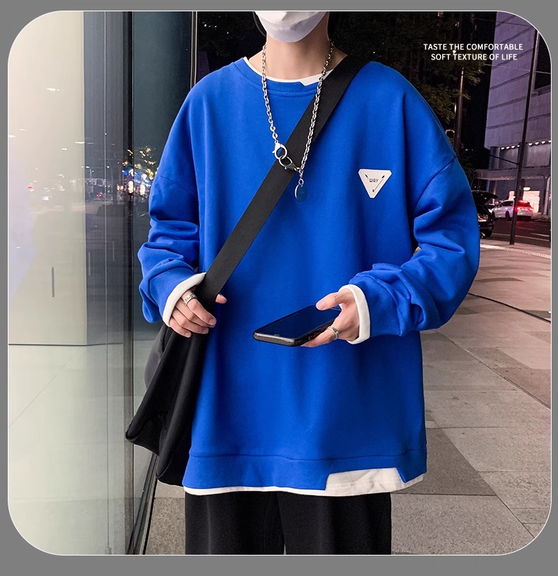 NASA heavy fake two-piece sweater men's spring and autumn new trend loose chest logo round neck long-sleeved bottoming shirt