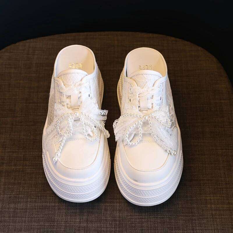 AUTUSPIN 8Cm Women Slippers Lace Shoes 2025 Summer Spring Pearls Beads Decoration Slides Loafers High Wedges Platform Mules Heel