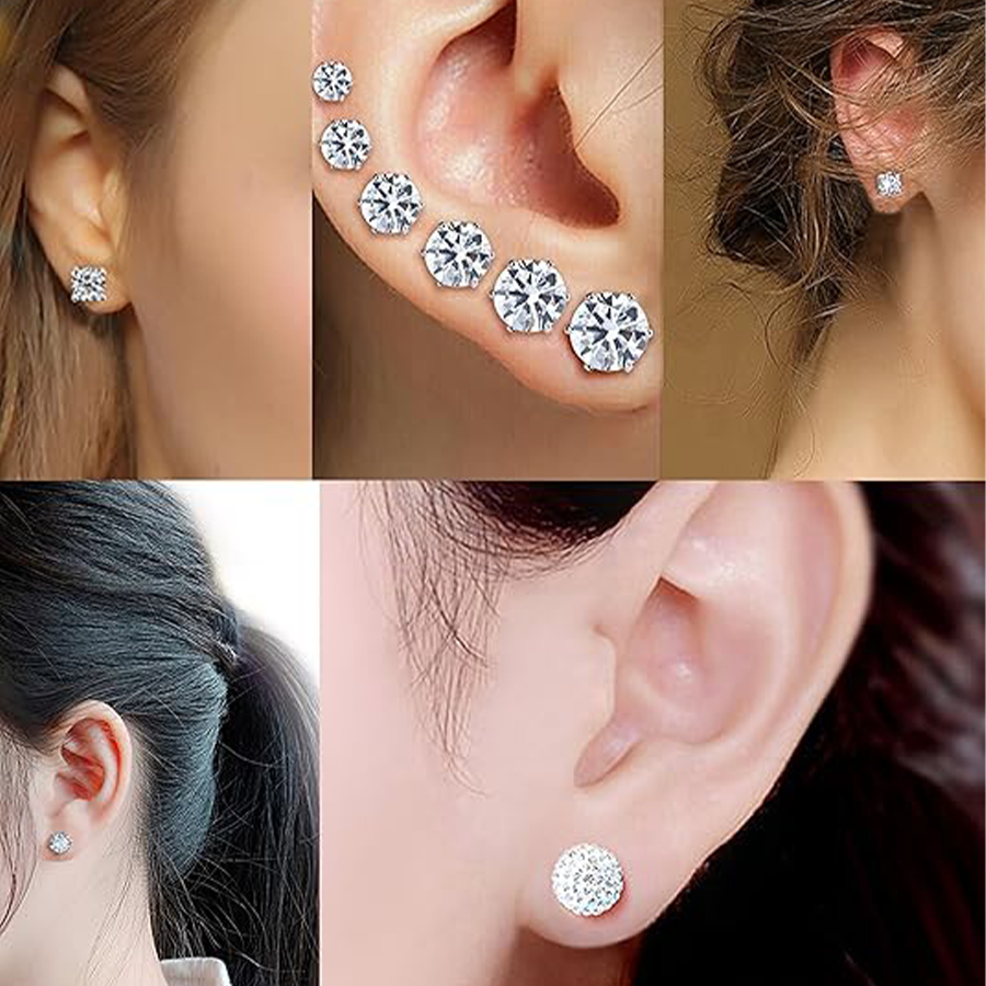 6 Pairs Stainless Steel Stud Earrings CZ Ball Earring Set For Men Women 6MM Silver Tone