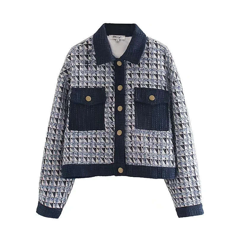 DHEssentials 2025 Autumn Winter New French Style Petite Loose Short Woolen Diamond Color Block Jacket Coat