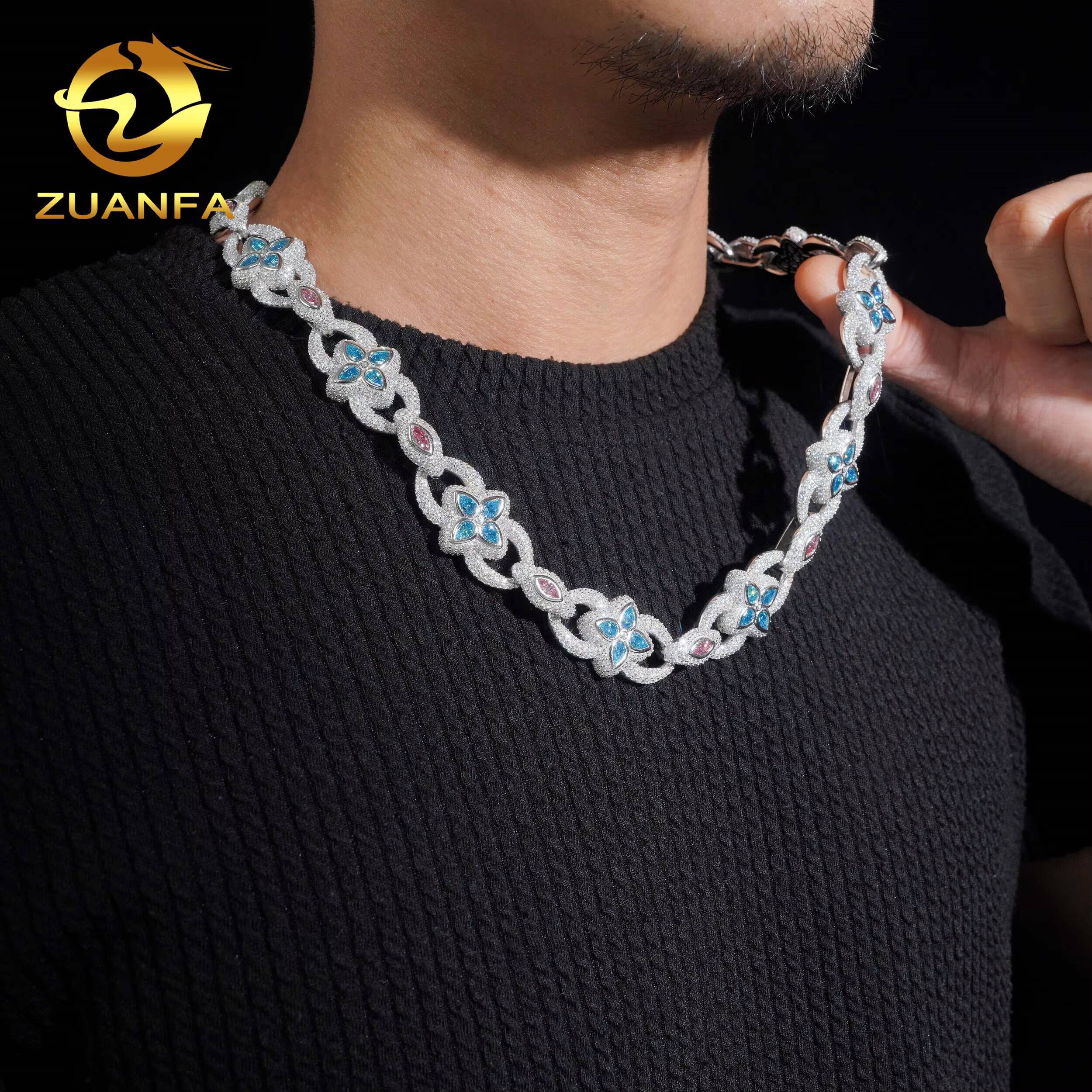 Fine Jewelry 925 Sterling Silver Iced Out Hip Hop 20mm Fancy Shape Color VVS Moissanite Link Chain Necklace