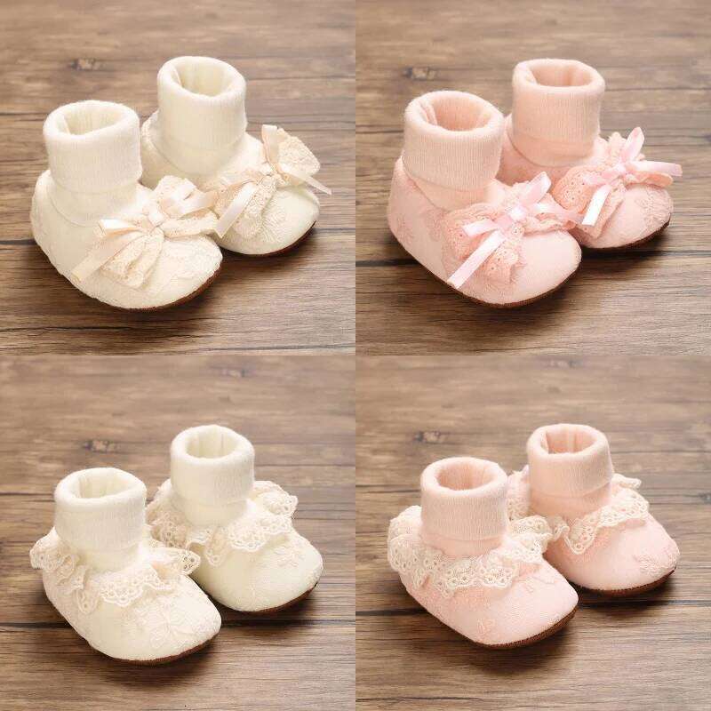 Autumn Winter Newborn Baby Socks And Shoes Set 0-18M Cute Lace Border Decoration Bow Design Soft Cotton Footwear for Infants