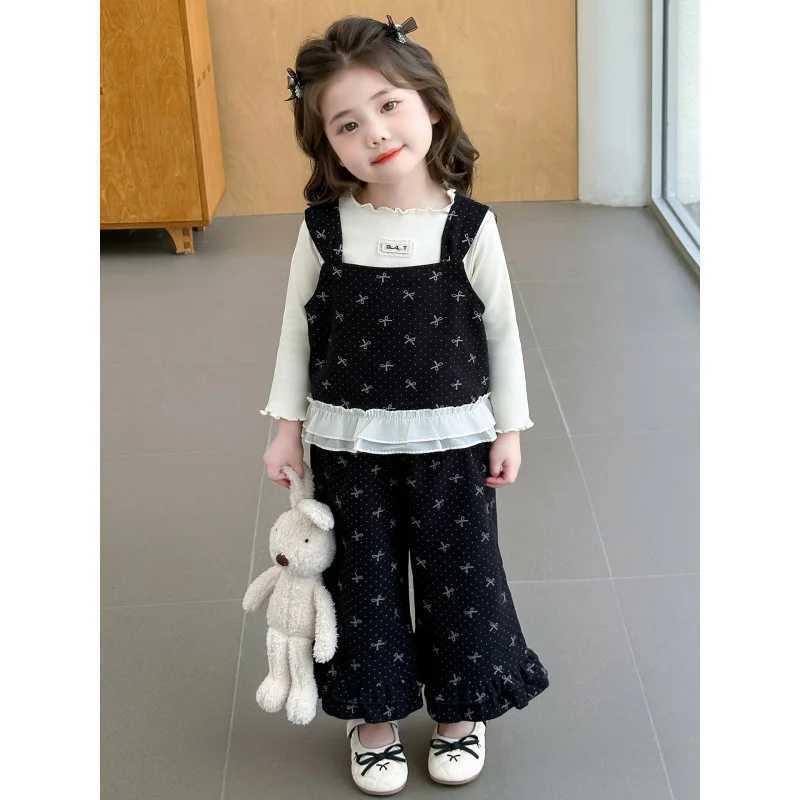 2025Girls Spring and Autumn New Casual Stylish Full Print Bowknot Base Shirt HighQuality Pants ThreePiece Set C250912