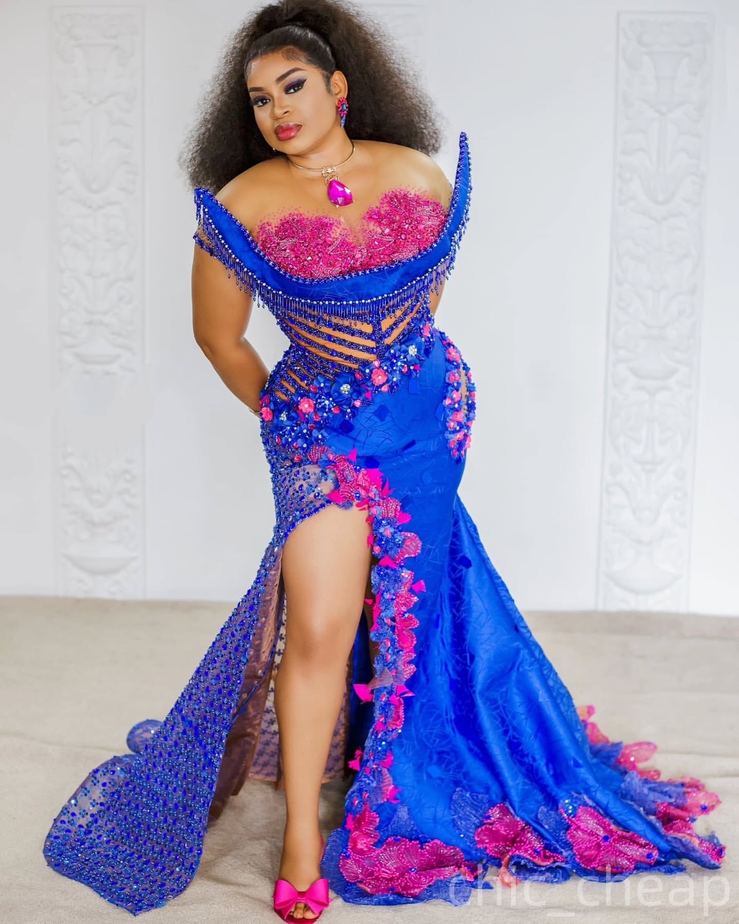 Aso Ebi Royal Blue Mermaid Prom Dresses 2025 Flowers Crystals Tassels Evening Formal Party Second Birthday Engagement Gowns Plus Size Dress For Specia
