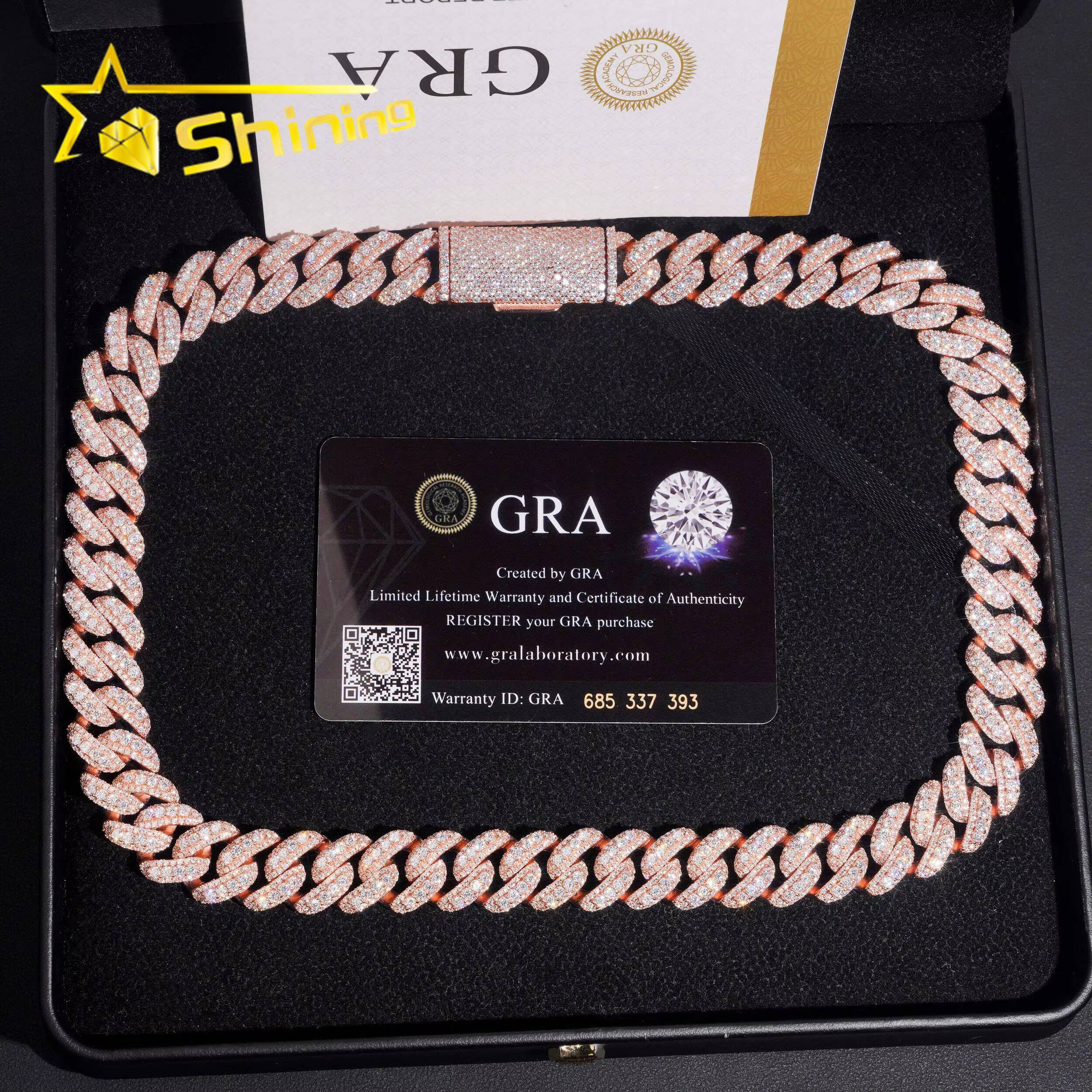 Hot Selling 15mm Width Moon Shape 925 Silver Cuban Chain Moissanite Hip Hop Jewelry Custom Moissanite Cuban Link for Men