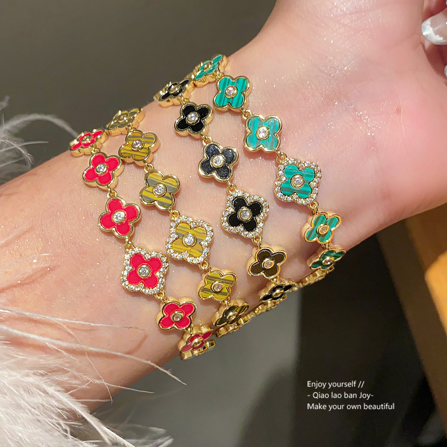 Gold - Toned Bracelet With Mother - Of - Pearl Clover Charms And Rhinestone Accent Delicate Daily & Elegant Jewelry Gift For Her High - Quality And Ti