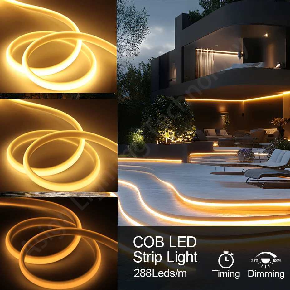 IP65 Waterproof 220V COB LED Strip Light 1m25m 288LEDsm with EUAUUKUS Plug Timing Dimmer for IndoorOutdoor Lighting C250912