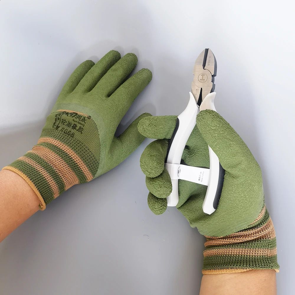 6Pairs Work Gloves Green Crinkle Latex Rubber Waterproof Professional Protective Construction Garden Men Womanen 250912