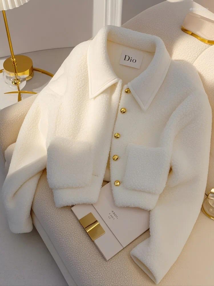 Designer Women's Jackets Small Fragrance Coats Solid Color Turn Down Collar Long Sleeve Pockets Lamb Wool Short Winter All Match Clothing