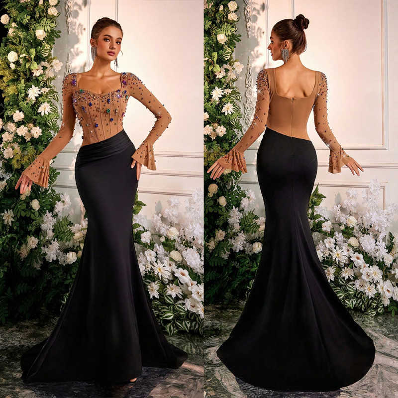 Fashion Jewelry Mermaid Evening Dresses Long Sleeves Square Neck Prom Party Dresses Vestidos De Gala Customized