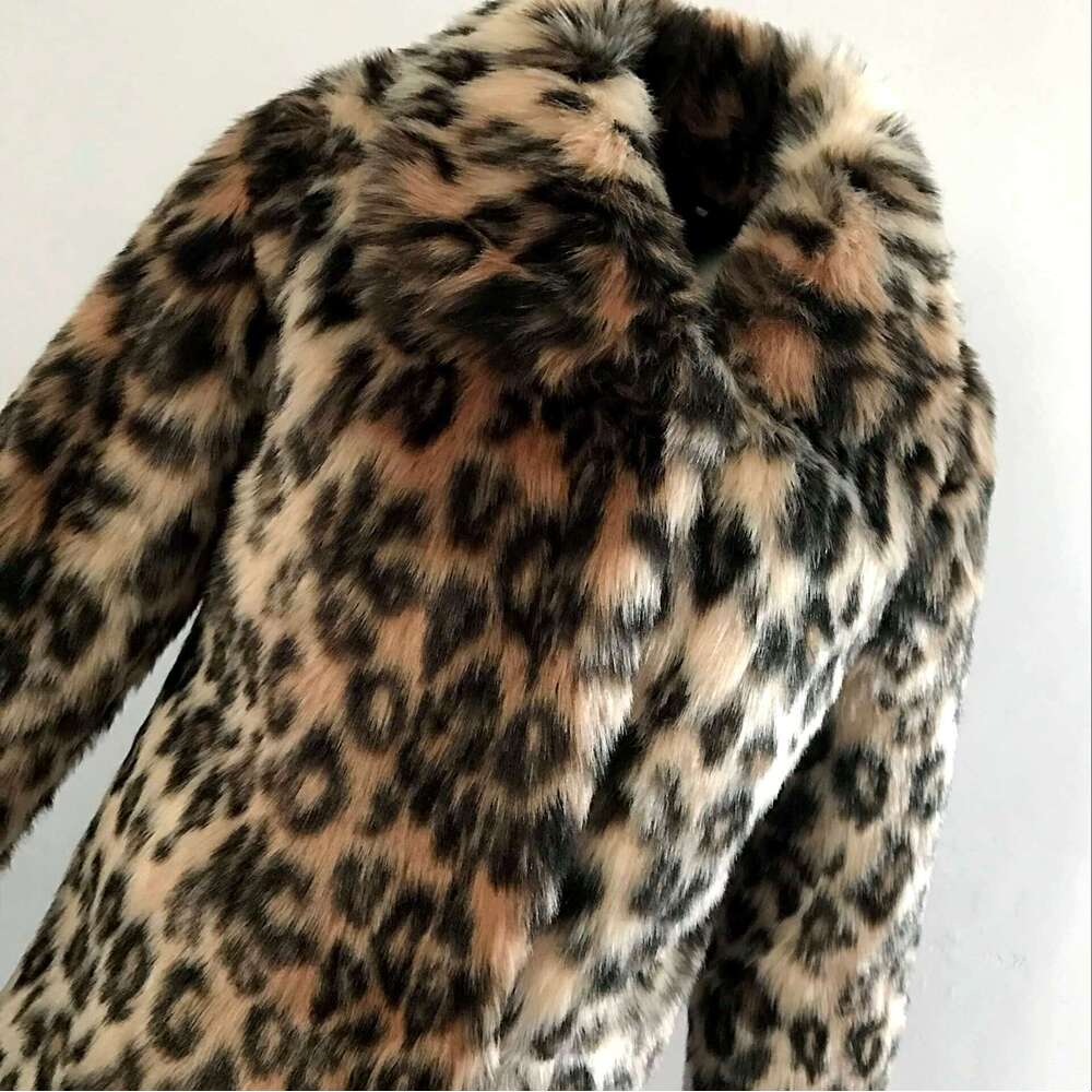 Turn-Down Collar Leopard Print Long Faux Fur Thickened Autumn Winter Mid-Length Coat