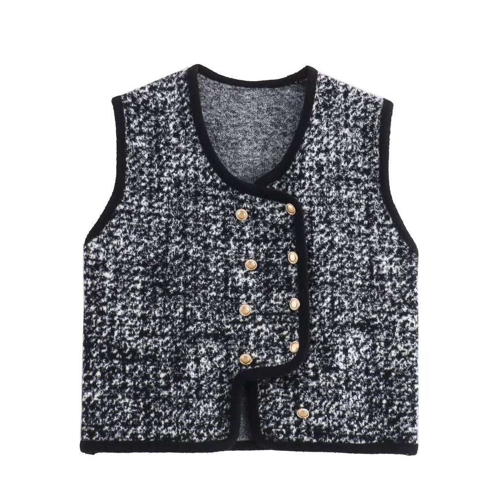 DHEssentials 2025 Summer New French Style Double-Breasted Black and White Checkered Round Neck Knitted Vest