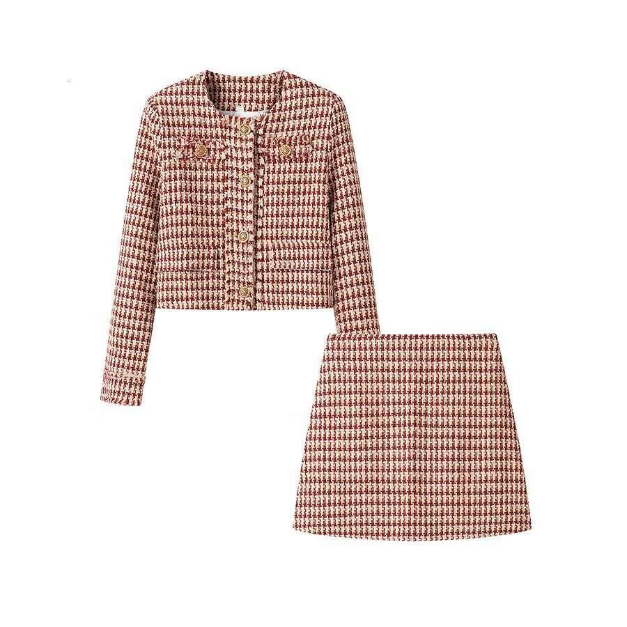 DHEssentials 2025 Spring New French Style Chic Fashionable Houndstooth Short Jacket + Low Waist Skirt Set