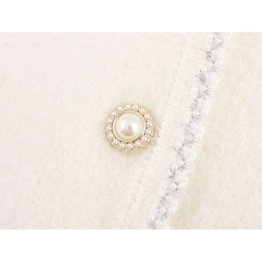 DHEssentials 2025 Autumn New French Style Gentle Pearl Shiny Lace Trim Knitted Cardigan Sweater