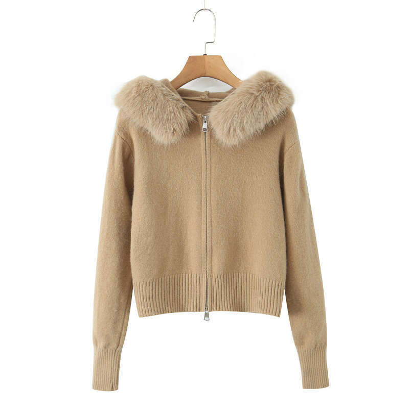 DHEssentials 2025 Autumn Women's French Fashion Slim Fit Commuter Faux Fur Collar Double Zipper Cardigan Sweater Jacket