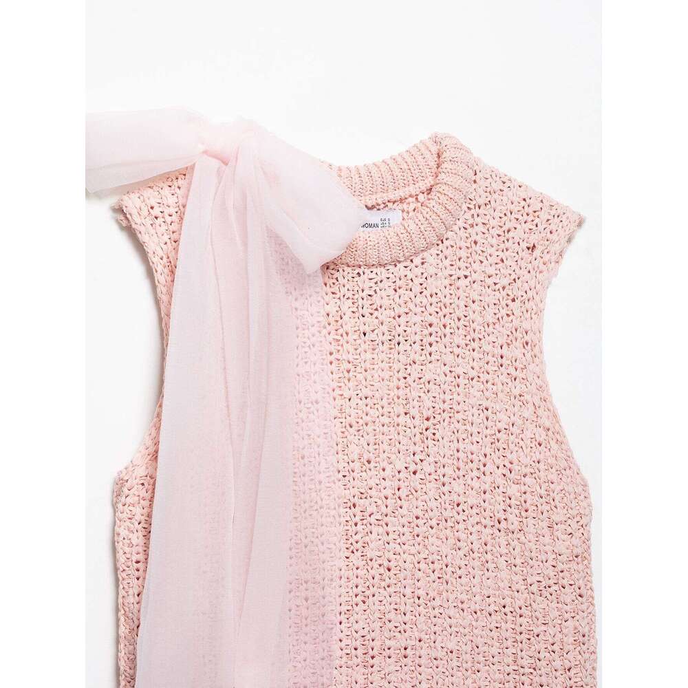 DHEssentials Summer New Fashion Sweet Little Chanel Style Transparent Hard Tulle Bow Decorated Knitted Top
