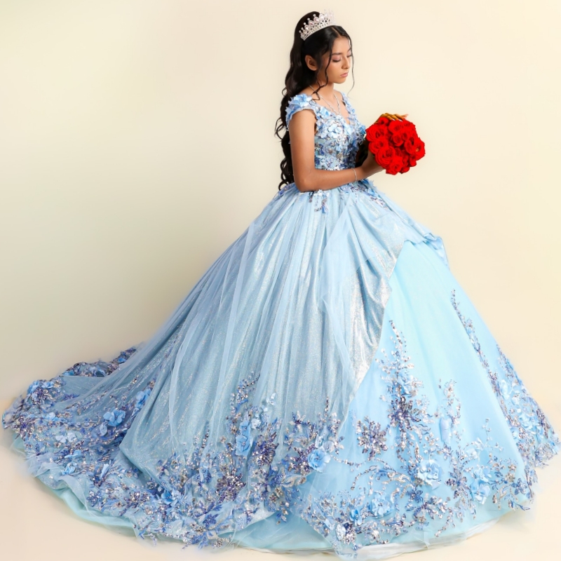 Sky Blue Shiny Ball Gown Quinceanera Dresses Off The Shoulder Sequin Applique Flower Beading Tull Party Birthday Sweet 16 Dress Vestidos 15 De Anos