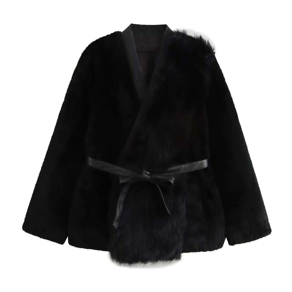 2025 Autumn Winter New Light Mature Style Spliced Faux Mink One-Piece Cross Belt Mid-Length Fur Loose Coat