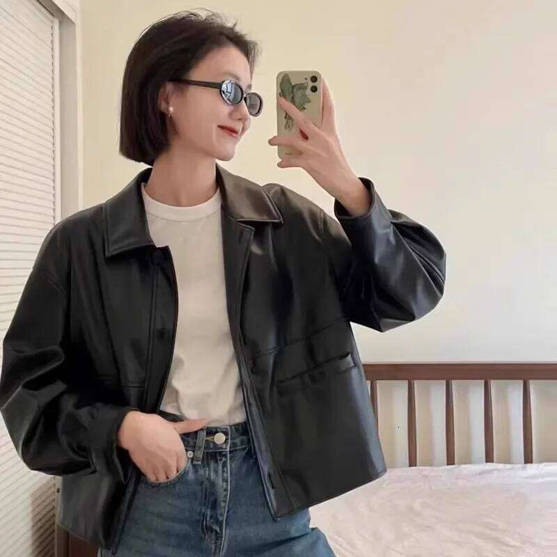 New Spring And Autumn Thin Japanese Style Vintage Lapel Single-Breasted Leather For Women Trendy Long Sleeve Jacket