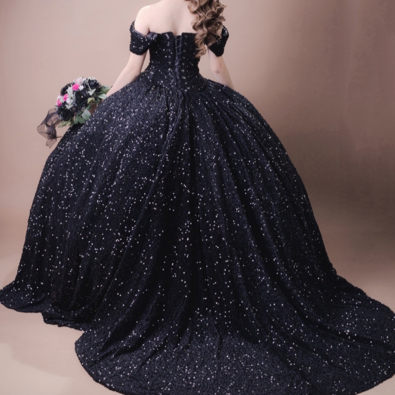 Black Shiny Ball Gown Quinceanera Dresses Off The Shoulder Sequin Beads Party Birthday Sweet 16 Dress Vestidos 15 De Anos