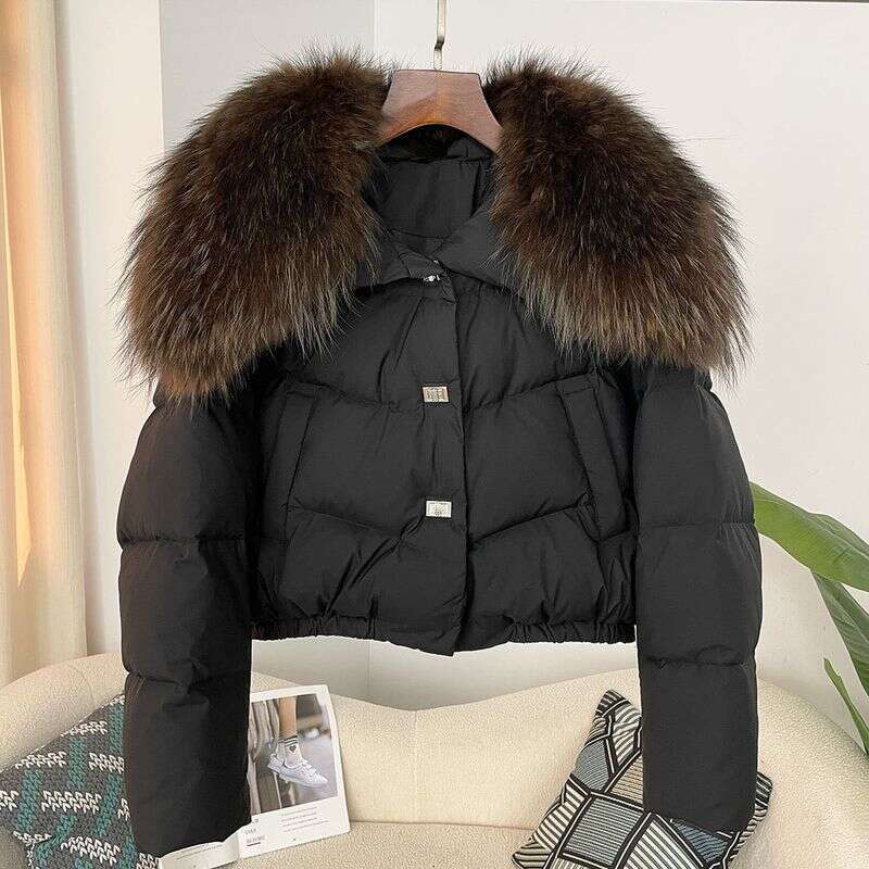Women's Clothing Spot Winter New Women's Short Thick Warm Oversized Real Raccoon Fur Collar Down Jacket Small Size Coat