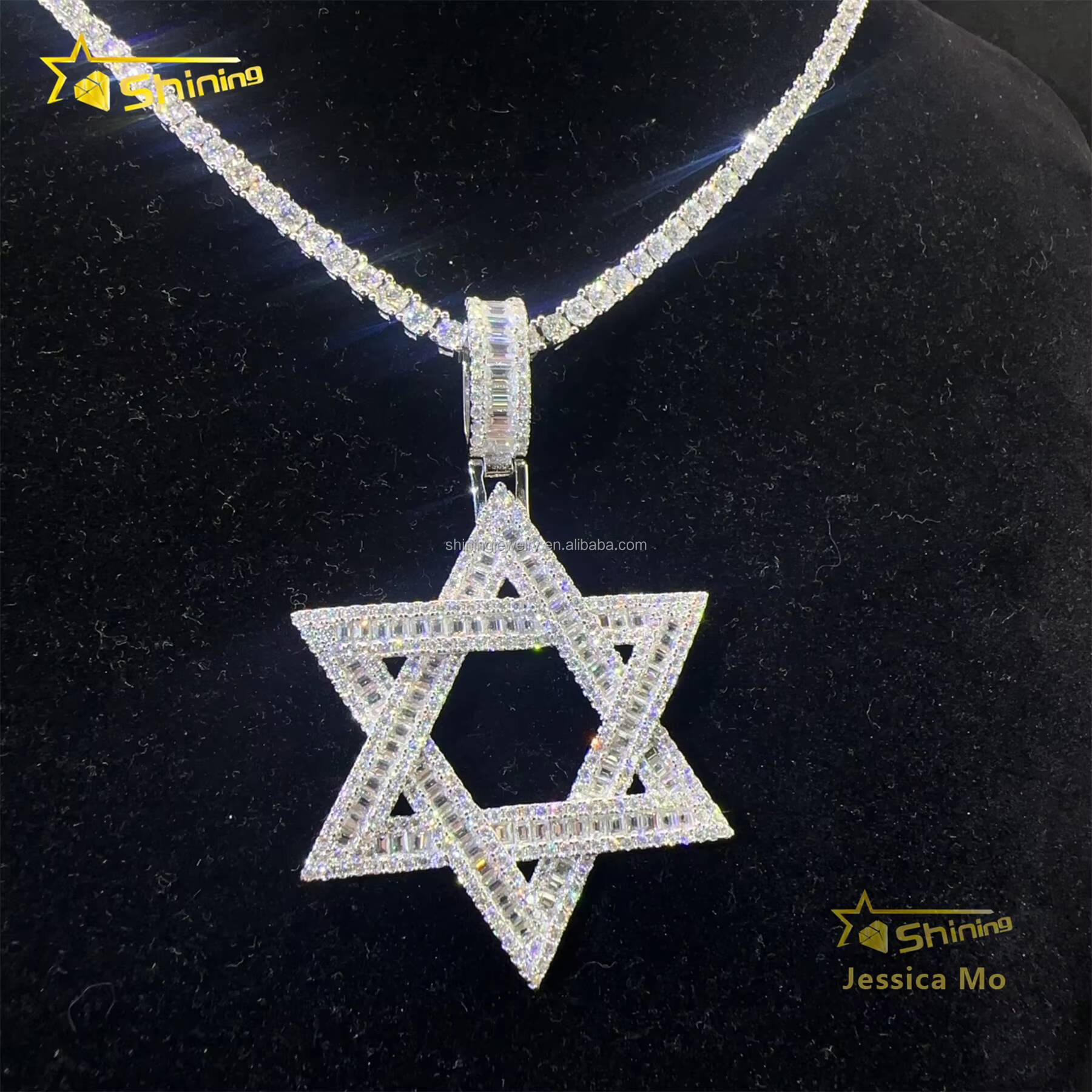 Drop Shipping Hot Selling Iced Out Rapper Pendant 925 Silver Vvs Baguette Moissanite Diamond Hip Hop Star Pendant Necklace Set