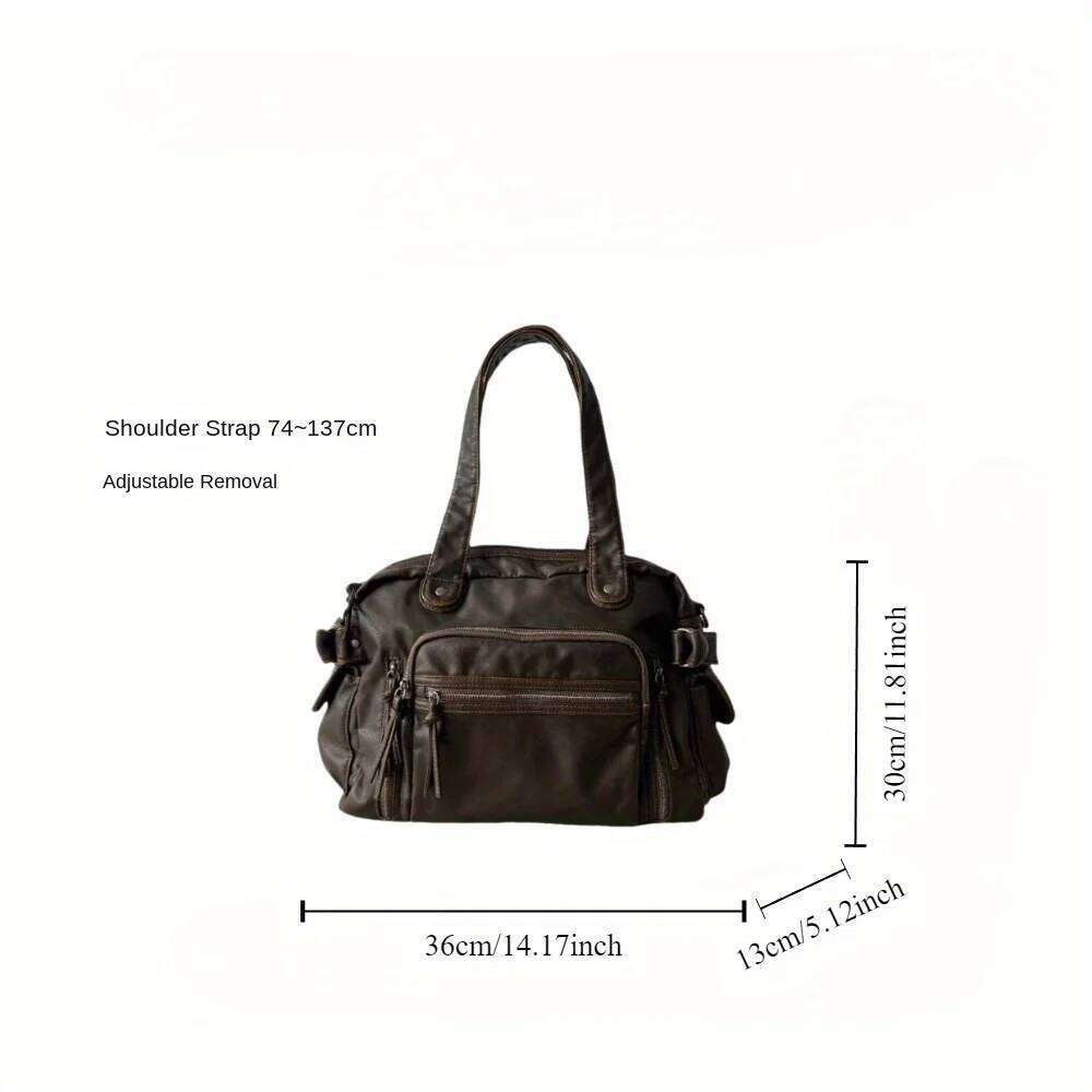 Retro tote motorcycle soft PU leather large capacity shoulder Y2K punk multi pocket crossbody bag