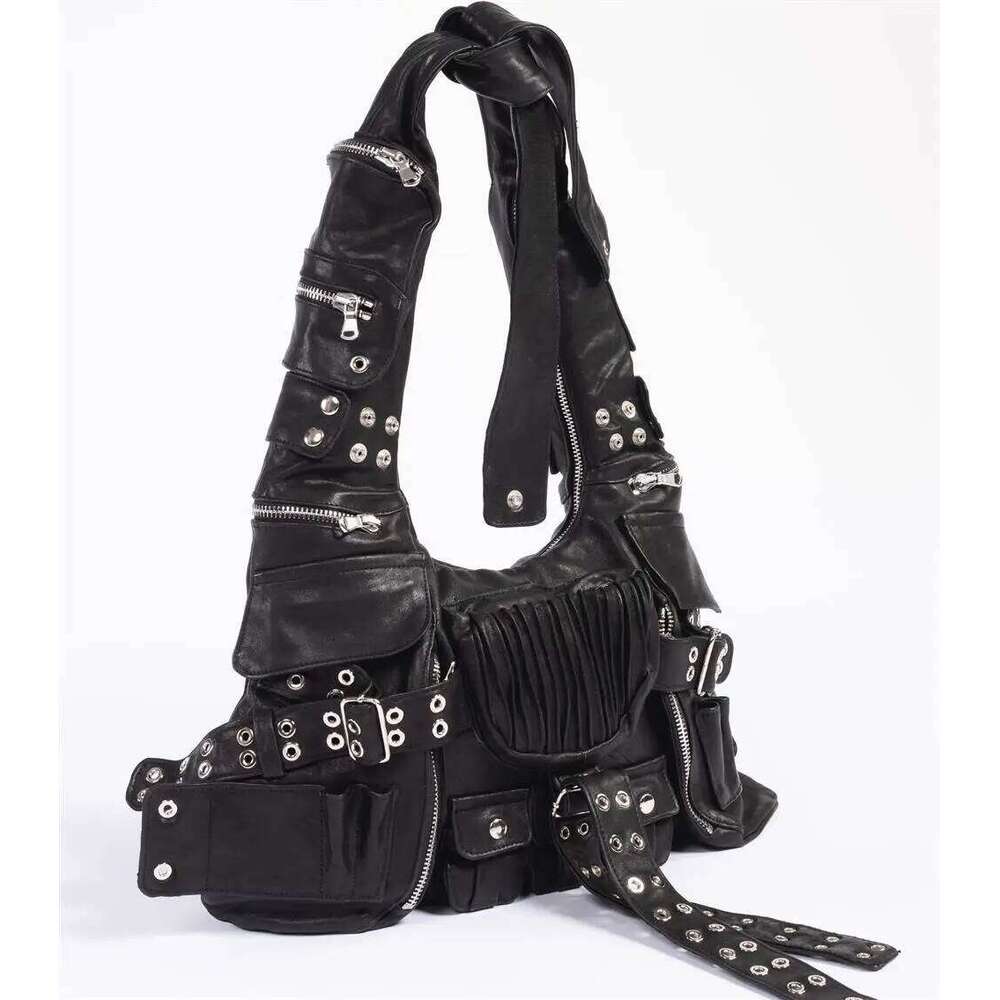 NEW Leather One Shoulder Bag For Women Fashion 2023 New Trendy Double Pockets Patchwork Rivet Underarm Bags Female