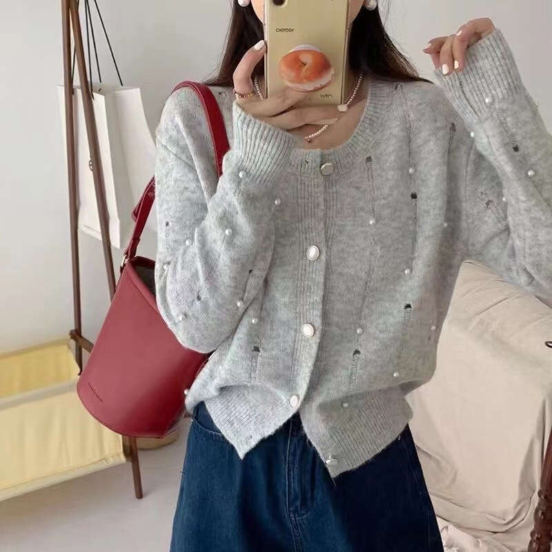 DHEssentials Chanel Style Heavy Beaded Sweater Top for Women, Autumn Winter New Chic High-end Long Sleeve Knitted Cardigan Coat