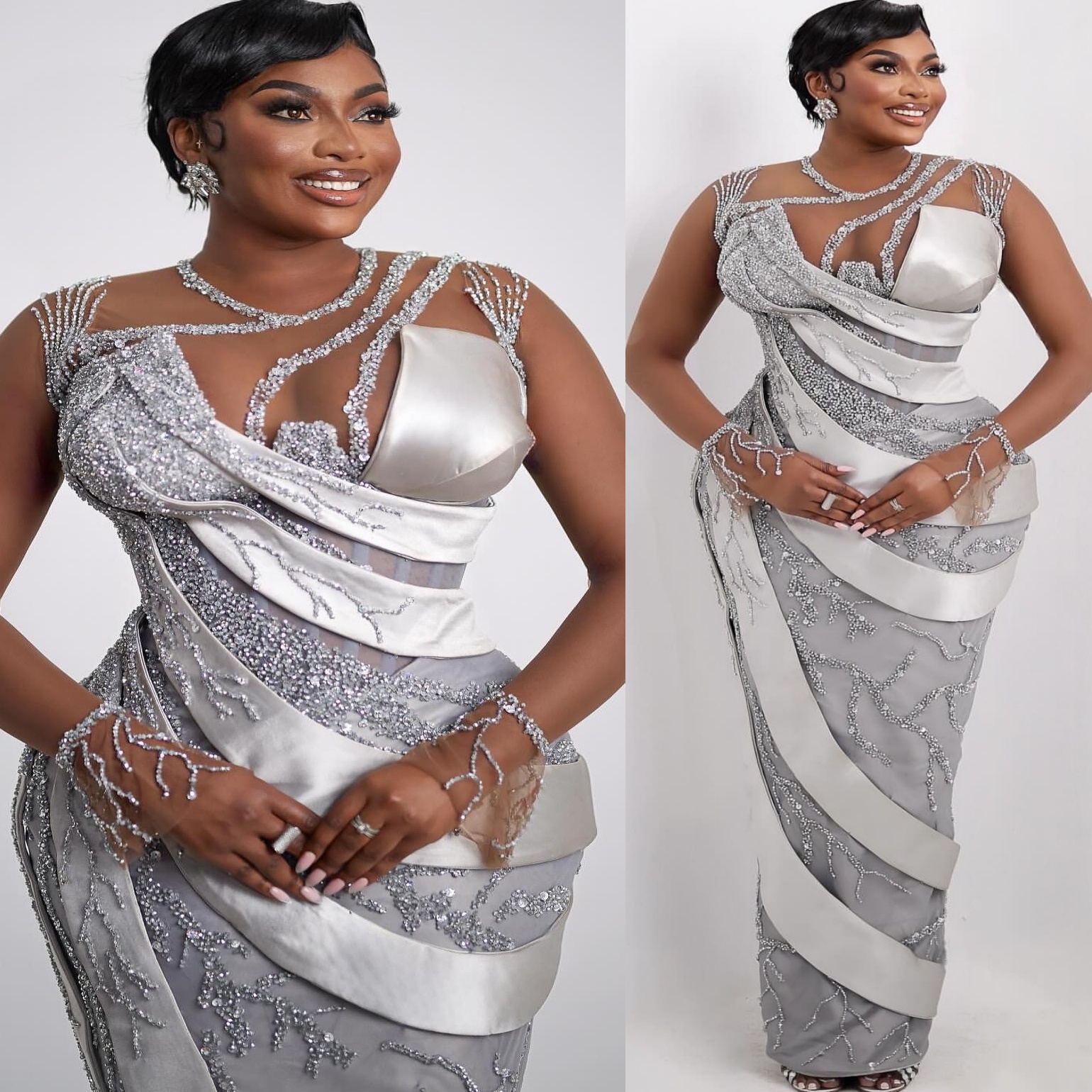 Aso Ebi Silver Sheath Prom Dresses 2025 Sequined Sheer Neck Long Sleeves Evening Formal Party Second Birthday Engagement Gowns Plus Size Dress For Spe
