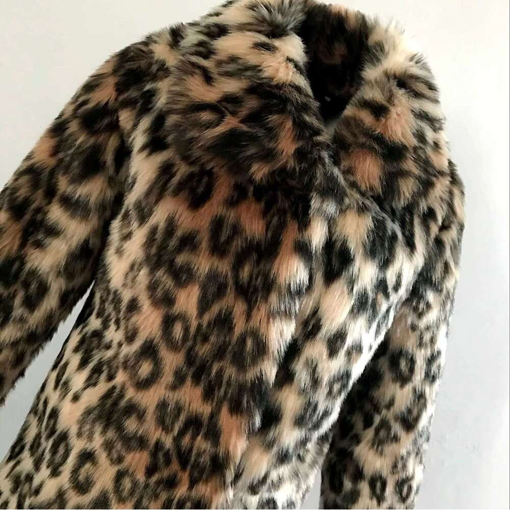 Turn-Down Collar Leopard Print Long Faux Fur Thickened Autumn Winter Mid-Length Coat