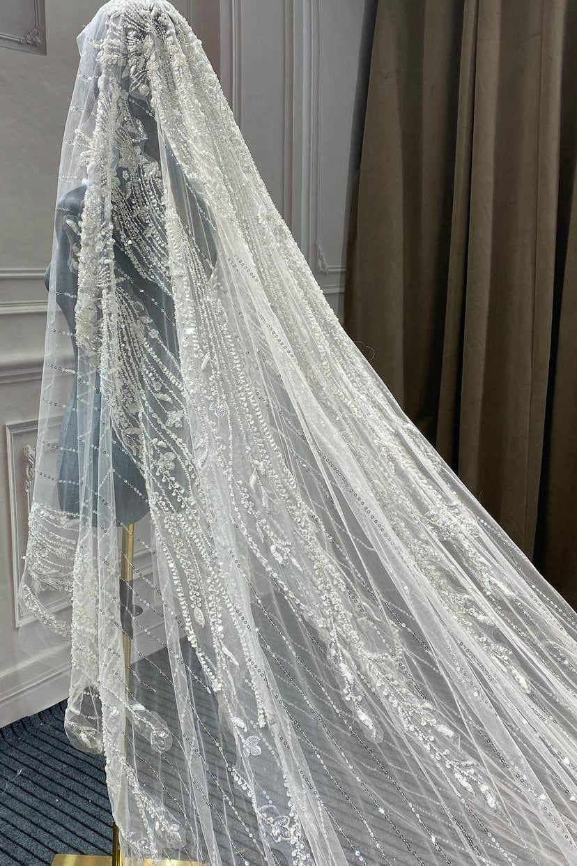 Luxury Wedding Veil Sequined Beading One Layer Cathedral Length Veils Applique Edge Velo De Cabeza Customized