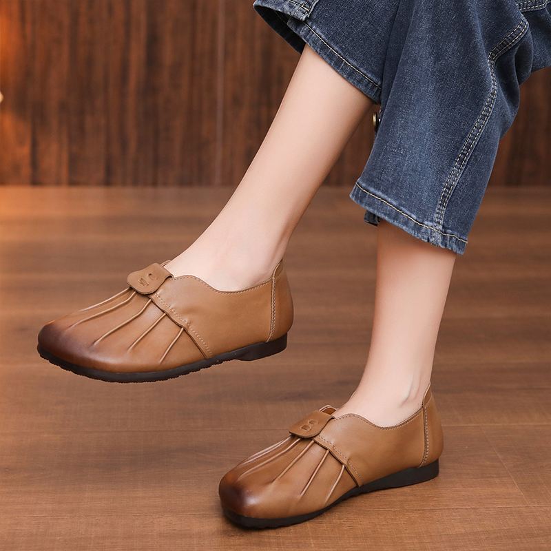 Top-Grain Cowhide Ethnic-Style Leather Shoes Genuine Leather Soft-Sole Casual Shoes Mom Shoes