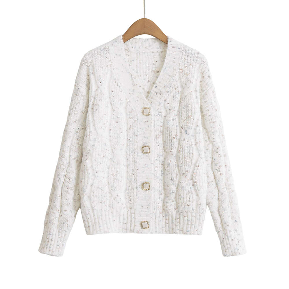 DHEssentials 2025 Autumn New Korean Style Braided Chanel-Style Knitted Cardigan V-Neck Beaded Lazy Petite Sweater Coat