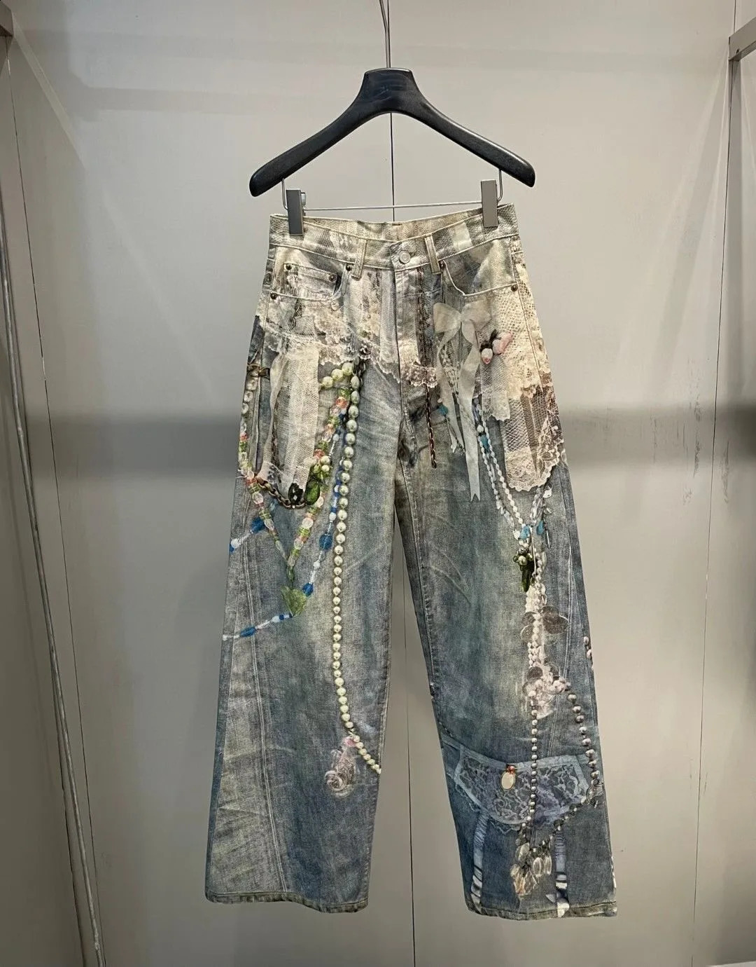 Fashionable Niche 3D Printed Lace Pearl Print Chain Straight Long Pants for Women Fashion Denim Trousers Street Jeans Ladies 250911
