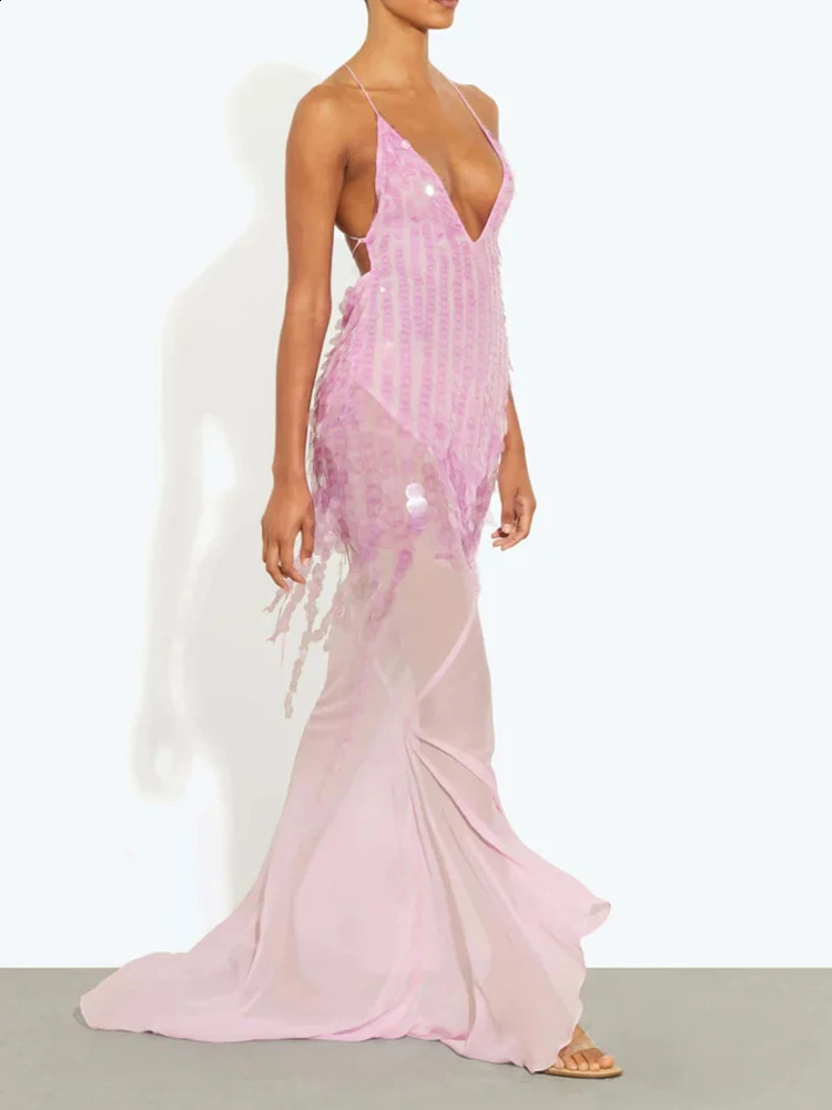 Backless Sequins Patchwork Simple Party Dress Women Summer Solid Deep V Neck Maxi Hollow Zipper Ladies Vestido 250912