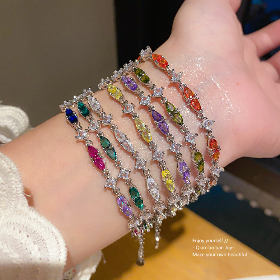 Silver - Toned Bracelet With Purple Marquise Gemstones And Clear Rhinestones Delicate Daily & Glamorous Jewelry Gift For Her Shiny And Chic Accessory