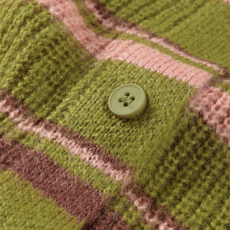 Elegant Stripe Vneck Women Sweater Single Breasted Loose Knitted Lady Cardigans 2025 Autumn Casual Full Sleeve Female Coat Tops 250911