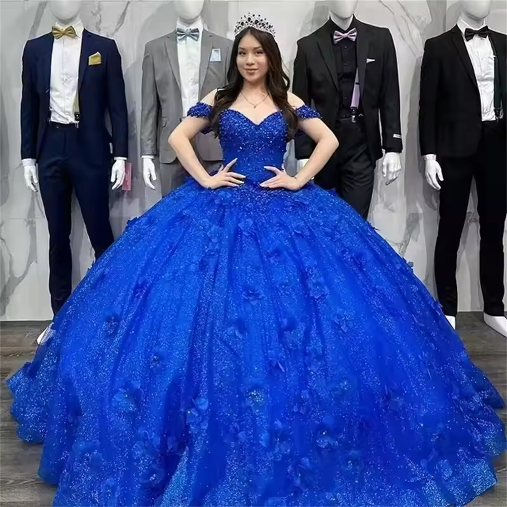 Ball Gown Quinceanera Dresses Glittering Royal Blue Off Shoulder 3D Applique Tulle Customized Sweet 15 16 Princess Birthday Party Gowns Vestidos De 15