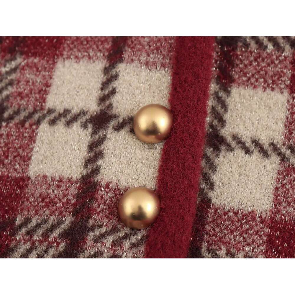 DHEssentials 2025 Autumn Winter New French Style Chanel-Inspired Gold Thread Blend Khaki Plaid Trim Round Neck Sweater Knitted Cardigan