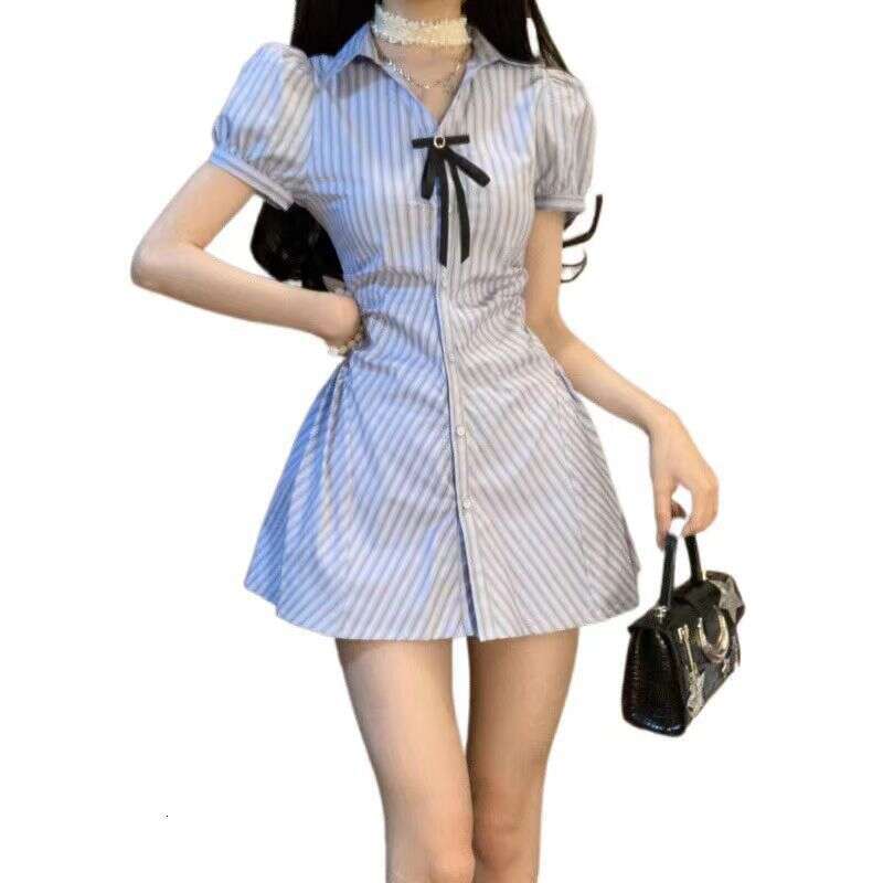 DHEssentials Little Chanel Style Striped Blue for Women Summer Petite Waist Slimming Short Polo Collar Shirt Dress Set