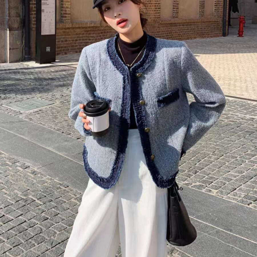DHEssentials French Style Chanel-Inspired Coat with Fleece Lining, Thickened Blue Winter Jacket, Elegant and Warm High-End Feel Women's Top