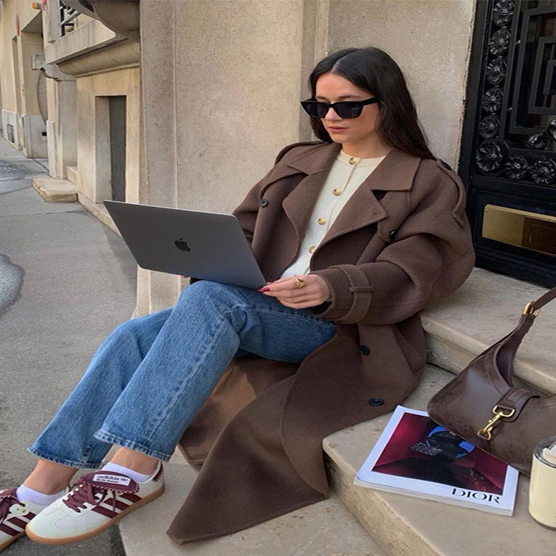 Belts Double Breasted Womens OverCoat Elegant Laple Pocket Full Sleeve Female Coat Autumn Winter Fashion Lady Outwears 250911