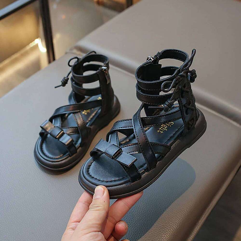 Girls Roman 2024 Summer New Fashion Soft Bottom Princess Little Girl Bow Sandals