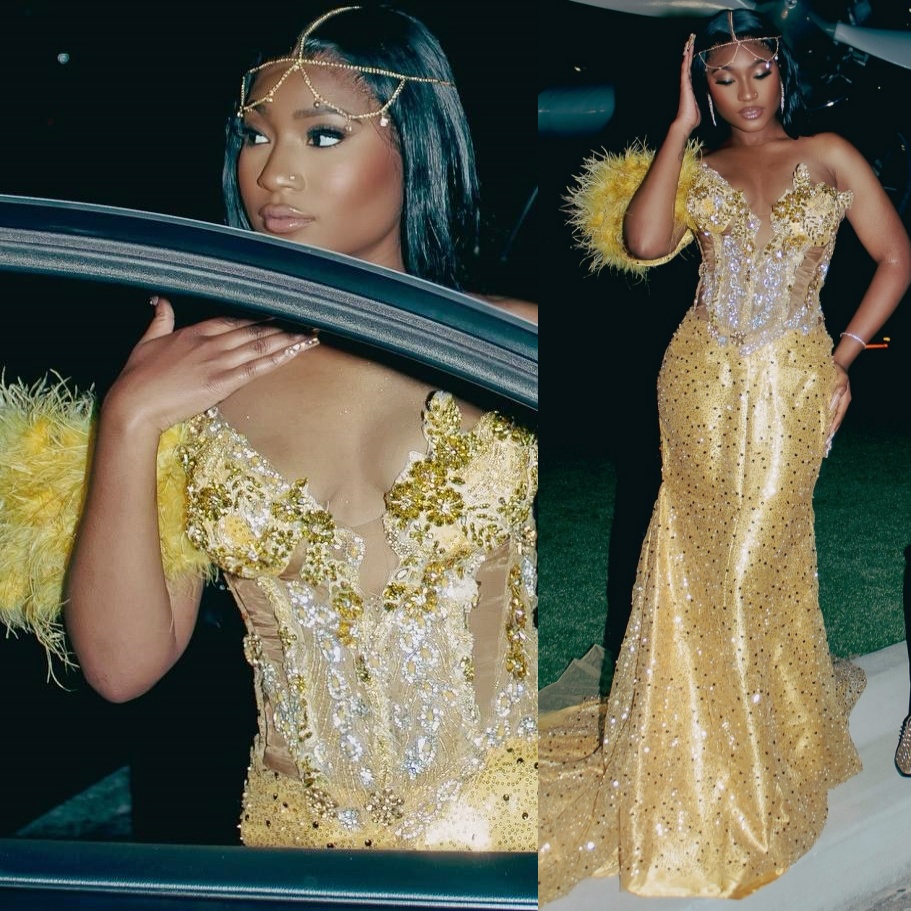 Aso Ebi Mermaid Gold Prom Dresses 2025 Lace Beaded Feather Sequined Evening Formal Party Second Birthday Engagement Gowns Plus Size Dress For Special 