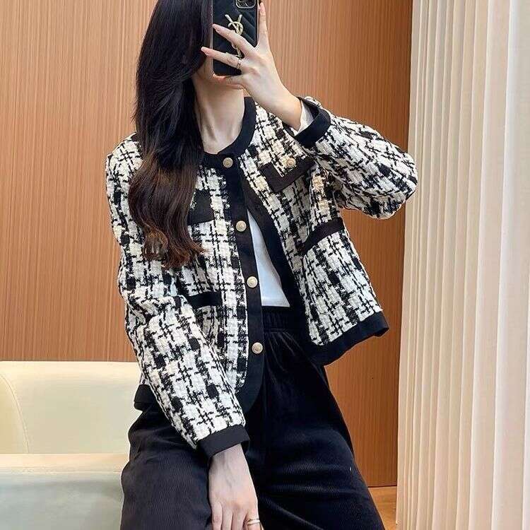DHEssentials 2024 Autumn Winter New Korean Casual Elegant Socialite Goddess Style Houndstooth Short Jacket for Women