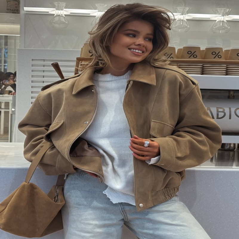 Vintage Suede Leather Solid Jacket for Women Casual Long Sleeve Female Zipper Lapel Coats Autumn Winter Lady Outwear Street 250911