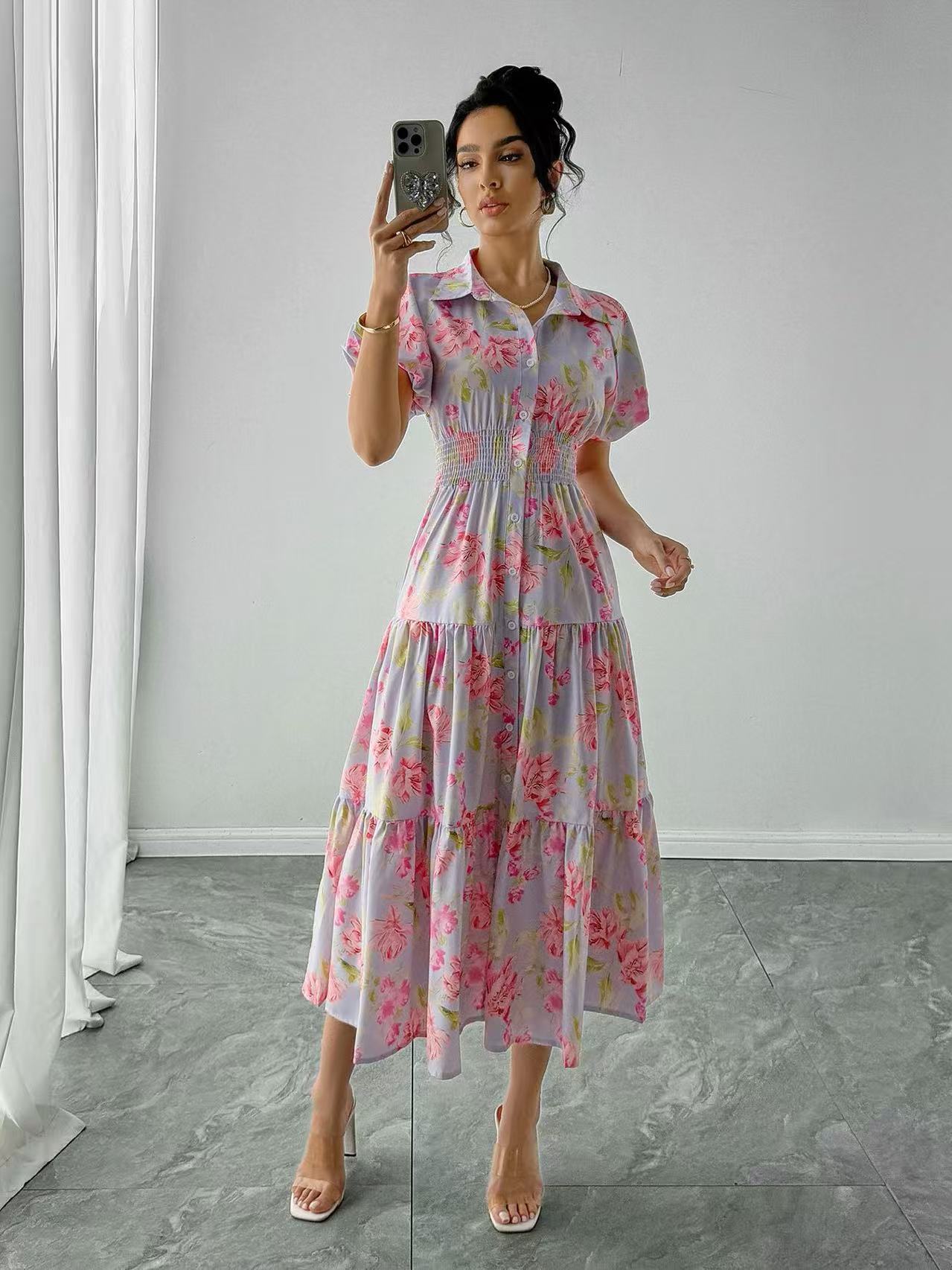 X951New Australian design positioning printing POL collar A-line temperament dress long skirt